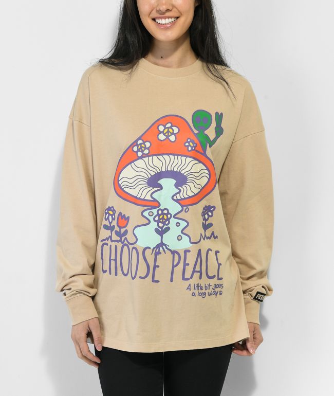Petals by Petals and Peacocks Choose Peace Mushroom Tan Long Sleeve T-Shirt