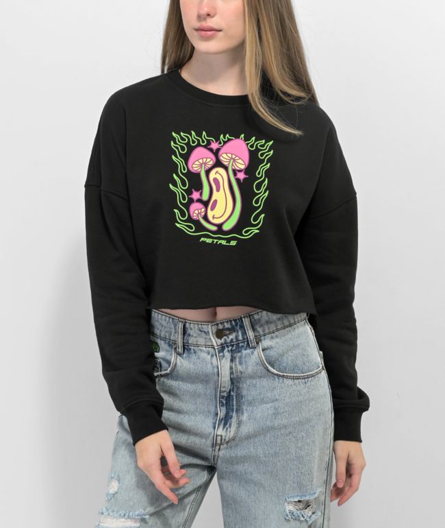 Petals by Petals and Peacocks Happy Trip Black Cropped Crewneck Sweatshirt
