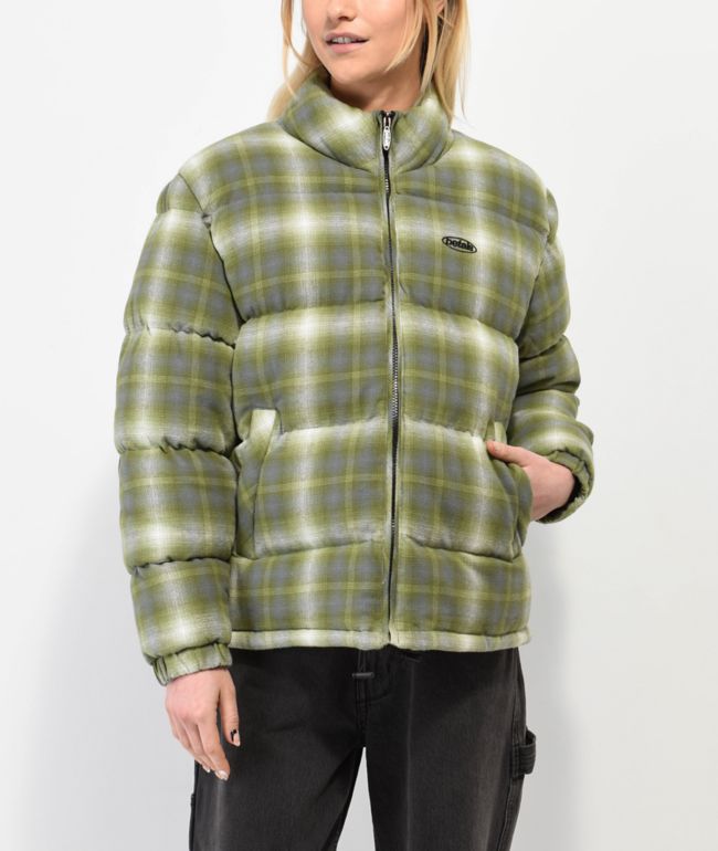 Petals by Petals and Peacocks Haze Green Flannel Puffer Jacket
