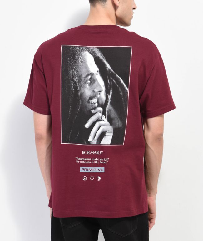 Kassér bænk favorit Primitive x Bob Marley Live Forever Burgundy T-Shirt