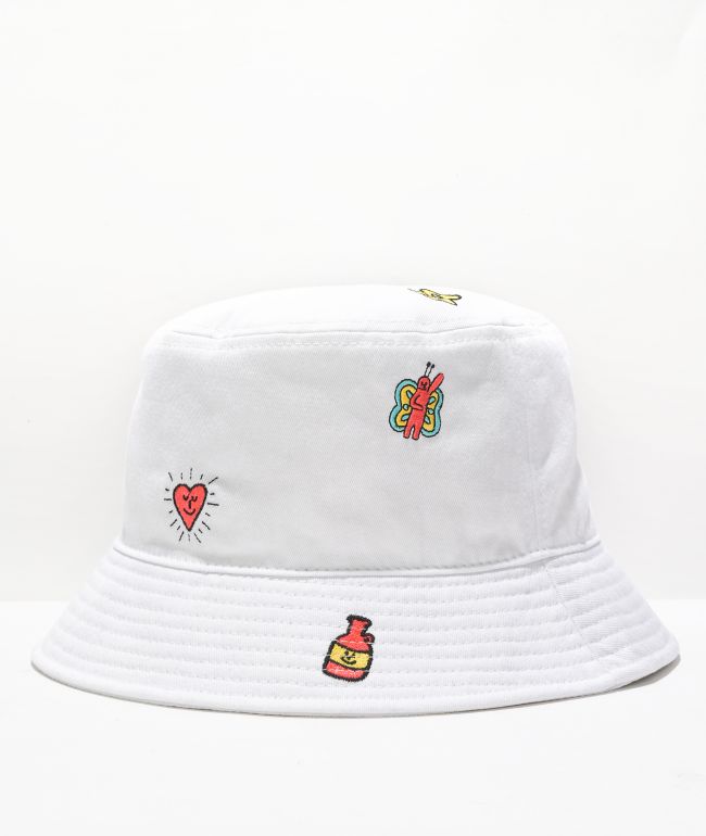 Quipster White Embroidered Bucket Hat