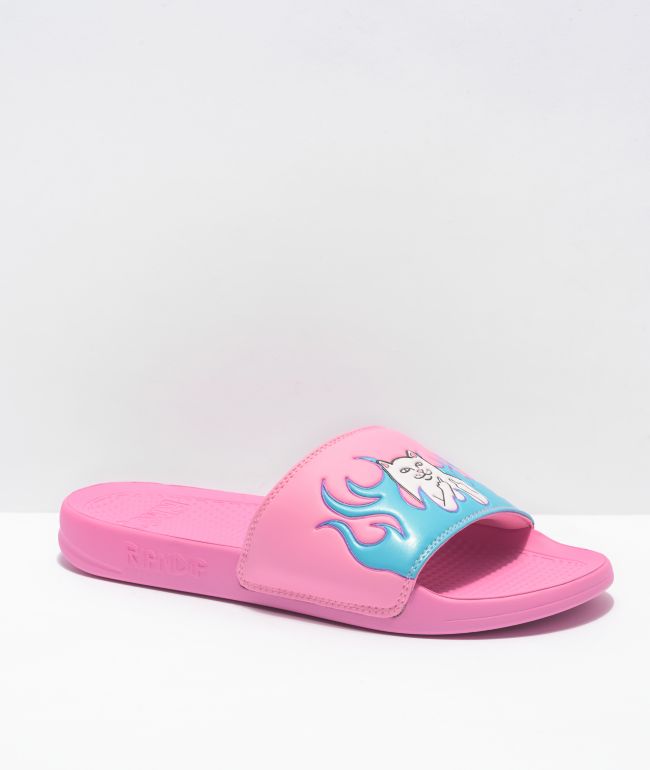 RIPNDIP Lord Nermal Pink & Blue Flame Slide Sandals