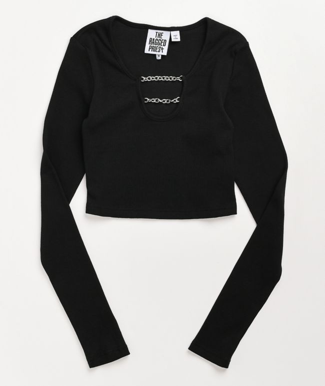 Ragged Jeans Rib Chain Strap Black Long Sleeve T-Shirt