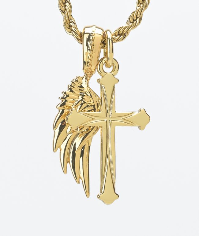 Saint Midas Cross & Wing 20" Gold Necklace