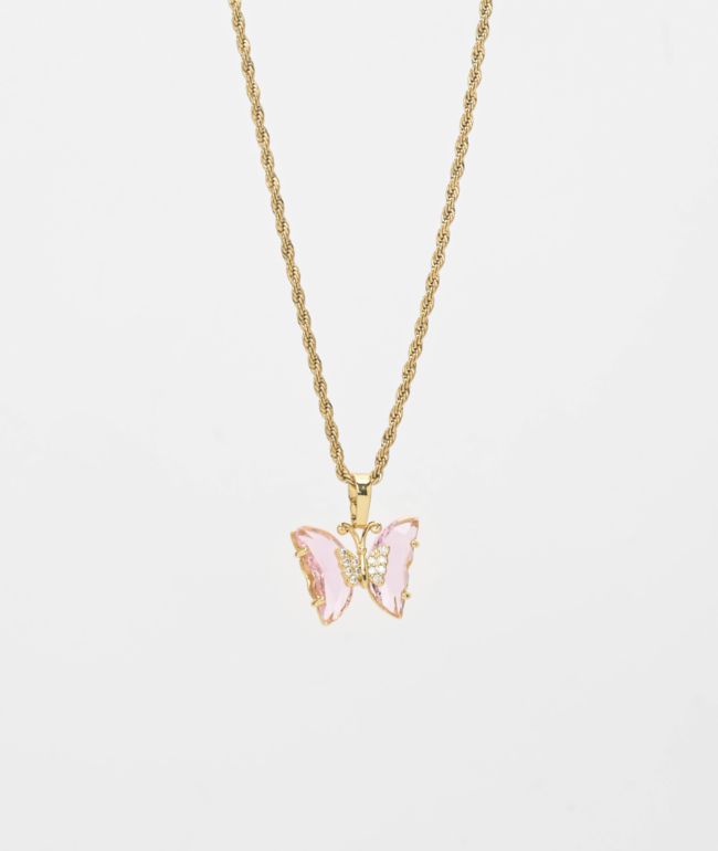 Saint Midas Love Quartz Gold 10" Butterfly Necklace