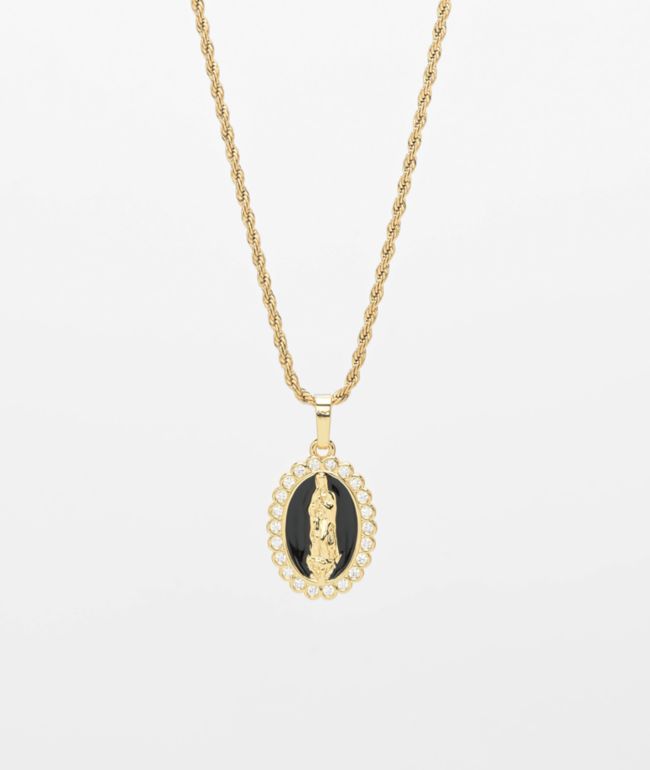 Saint Midas Obsidian Mother Mary 20" Gold Necklace 
