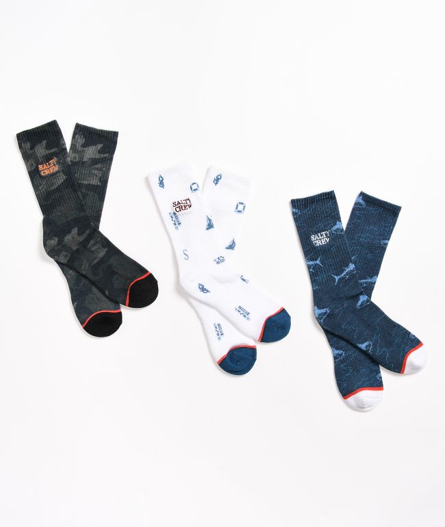 Salty Crew Cruiser Black, White, & Blue 3 Pack Crew Socks