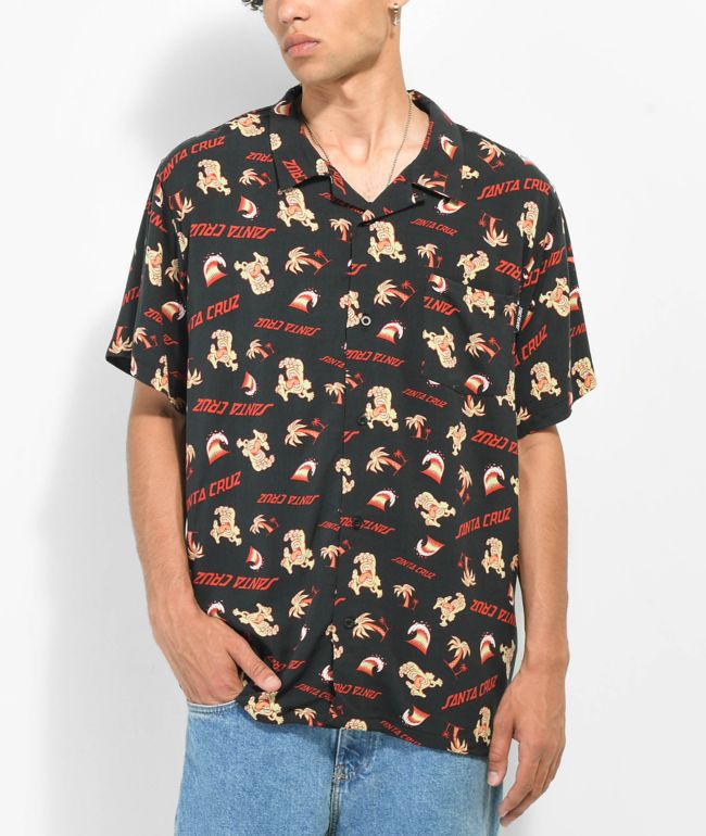 Santa Cruz Beach Bum Hand Black Short Sleeve Button Up Shirt 