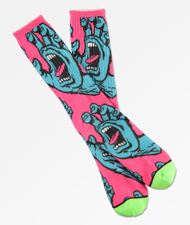 Santa Cruz Hands Allover Pink & Green Crew Socks