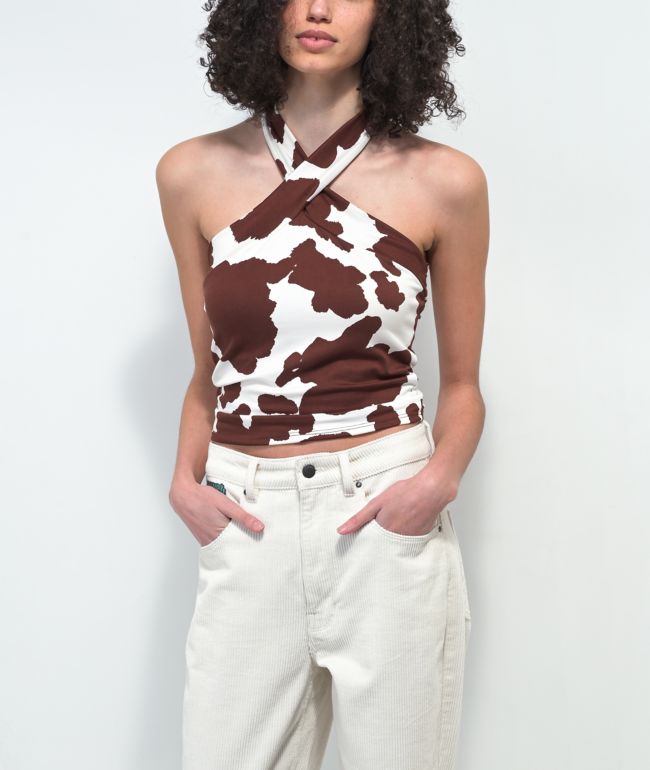 Spicychix Cross Halter camiseta sin mangas con estampado de vaca marrón y blanco