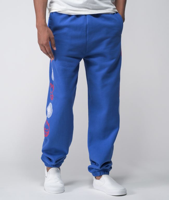 blue sweatpants with red stripe