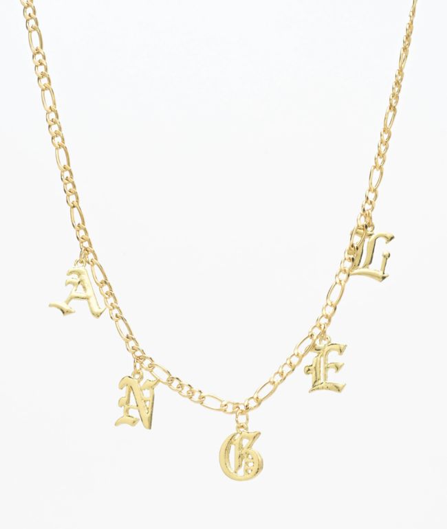Stone + Locket Angel Old English 16" collar de oro