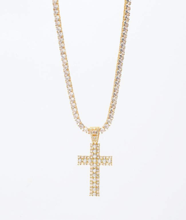 The Gold Gods Diamond Cross Gold Tennis Chain 22" collar