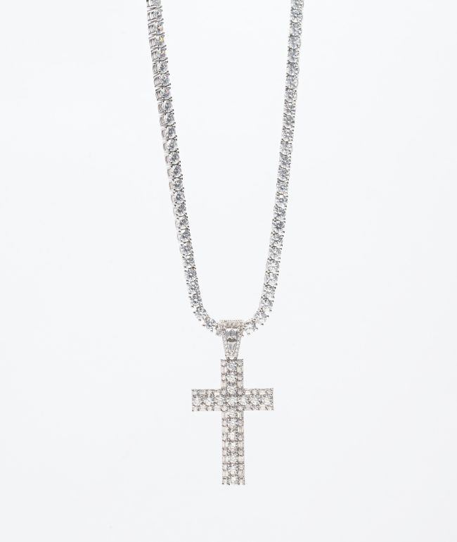 The Gold Gods Diamond Cross White Gold Tennis Chain 20" Necklace