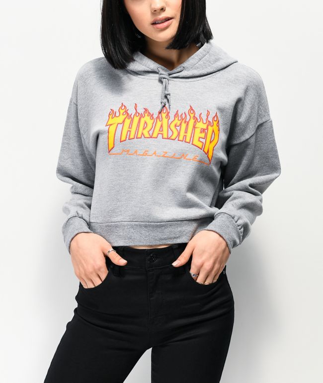 Thrasher Flame Logo Grey Crop Hoodie 