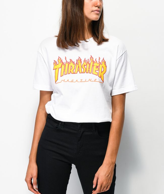 Thrasher Flame Logo White Boyfriend Fit T-Shirt