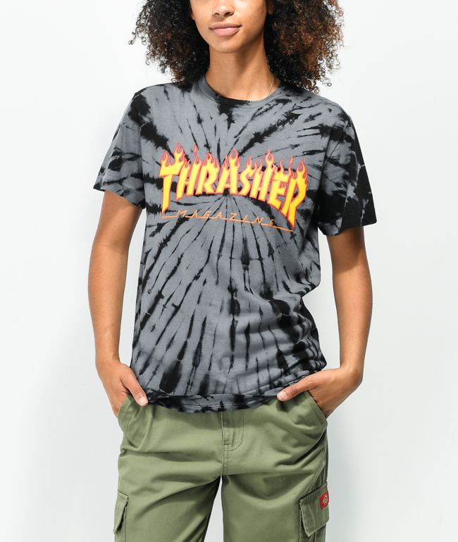 Thrasher Flame Logo camiseta tie dye negra y gris