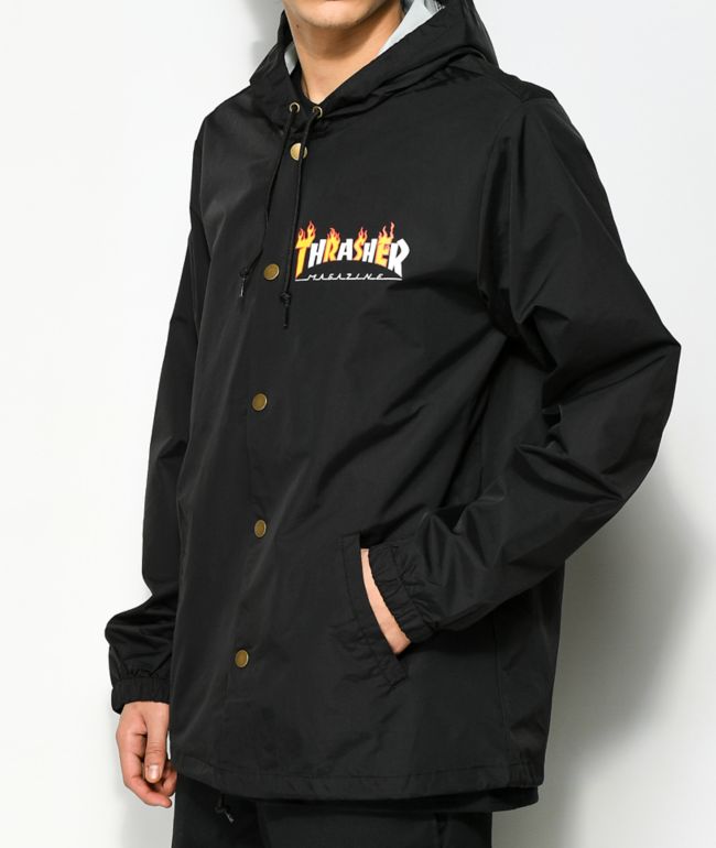 Thrasher Flame Magazine Black Hooded Coaches Jacket