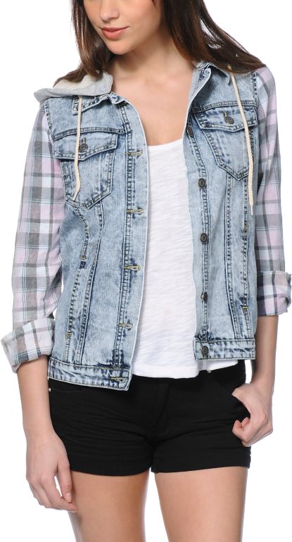 jean jacket with plaid sleeves