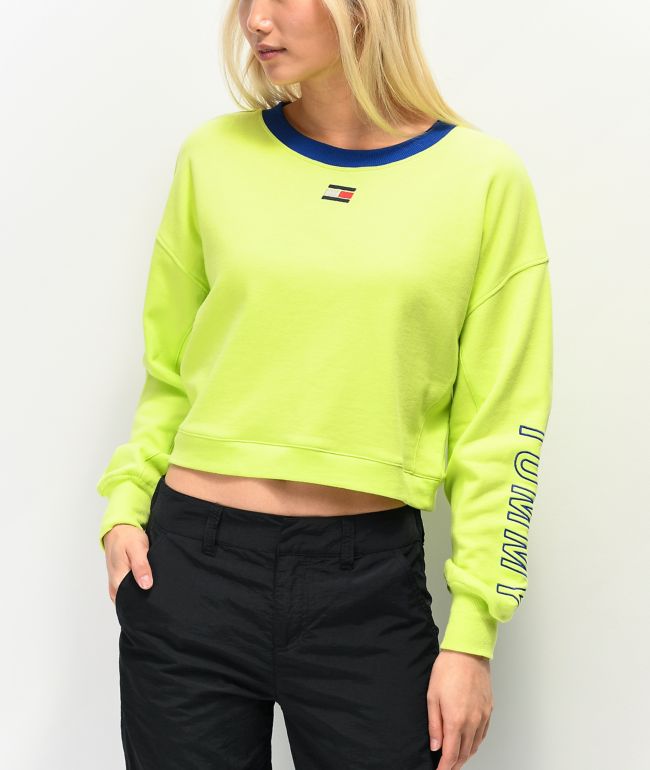 region sweater Spiritus Tommy Hilfiger Neon Green Crop Crew Neck Sweatshirt | Zumiez