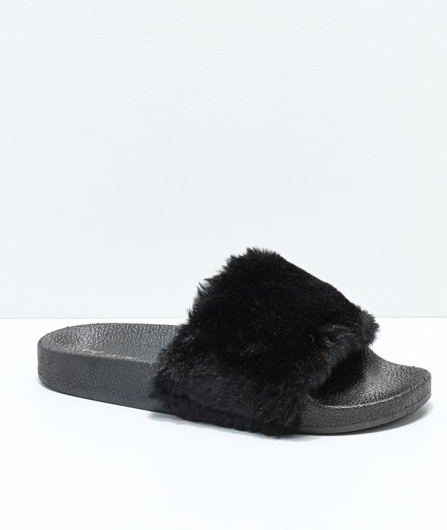 black fuzzy sandals