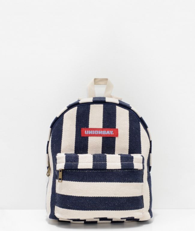 blue and white striped backpack