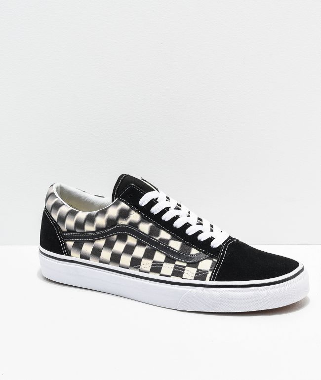 black and white checkered vans with yellow stripe