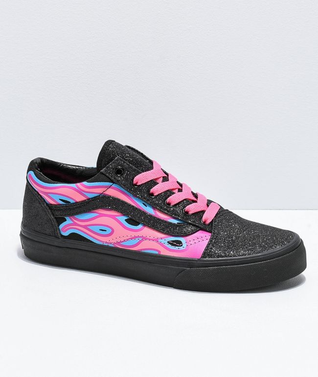 Vans old skool sparkle flame pink & black skate shoes top