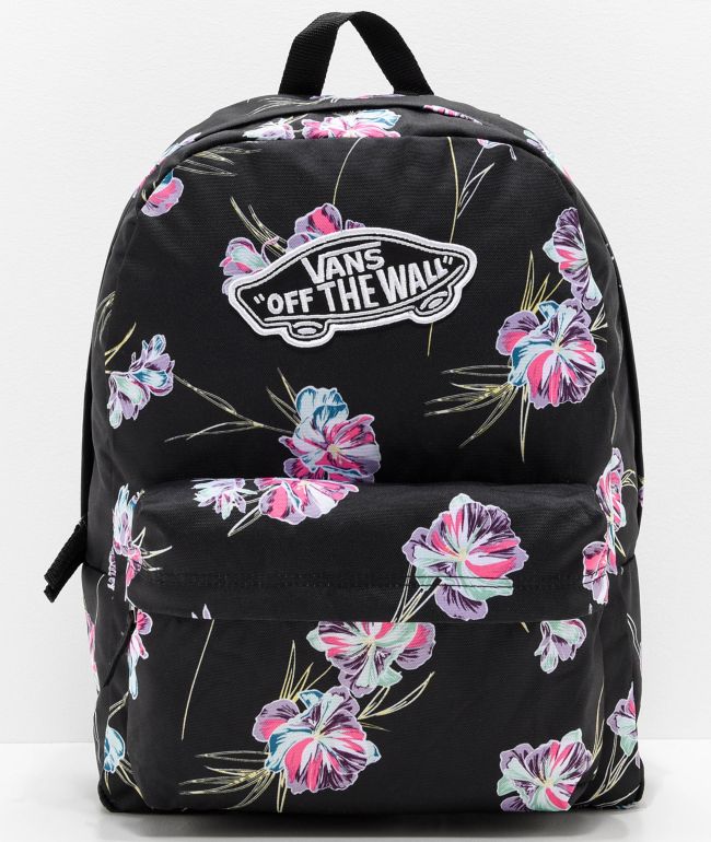 vans black backpack with flowers