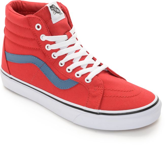 red and blue high top vans