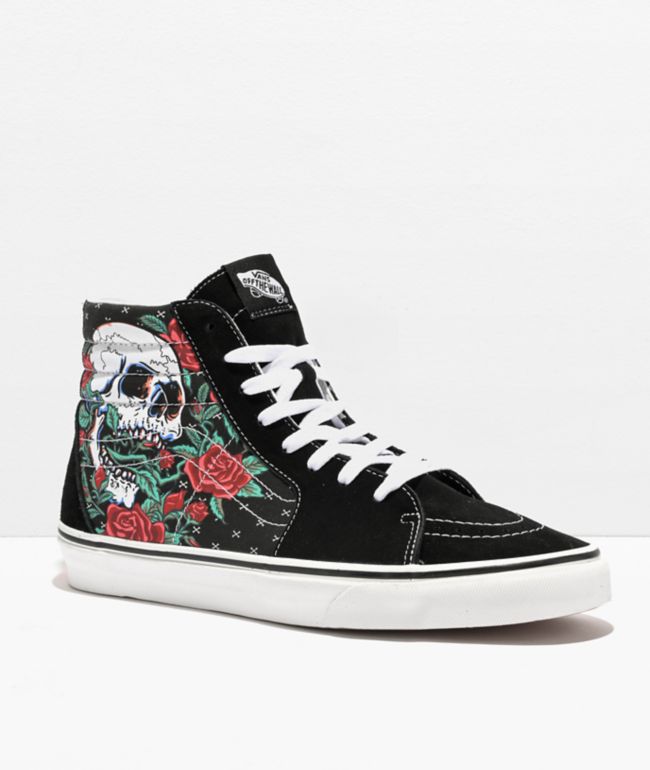 Vans Sk8-Hi Rose Skulls Black Skate Shoes