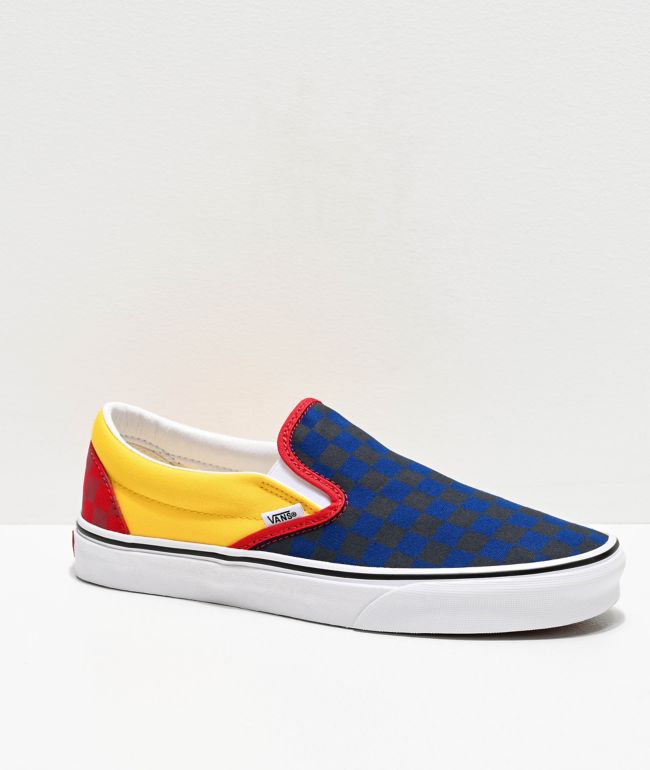 Red blue and yellow vans slip ons hot sale