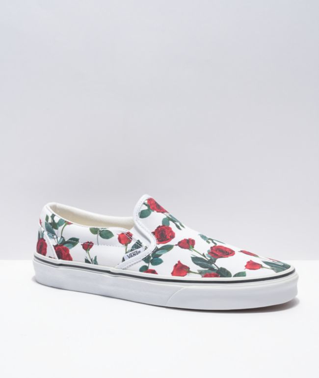 Vans Slip-On Red Roses White Skate Shoes
