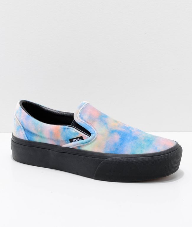 Vans Slip-On zapatos skate con plataforma de terciopelo negro y efecto tie dye