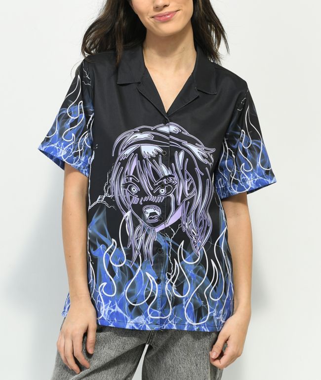 Vitriol Ziggy Anime Flame Black Short Sleeve Button Up Shirt