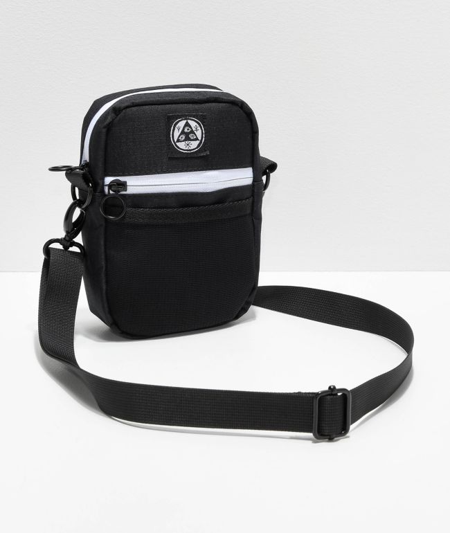 black and white messenger bag