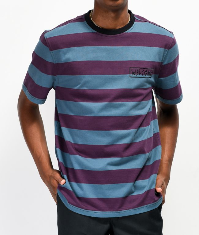 purple green striped shirt