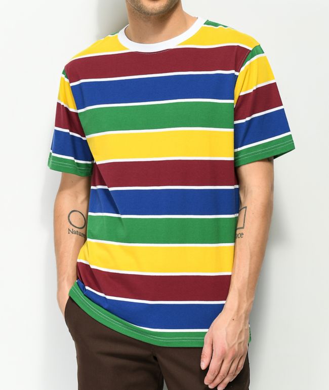 red yellow blue striped shirt