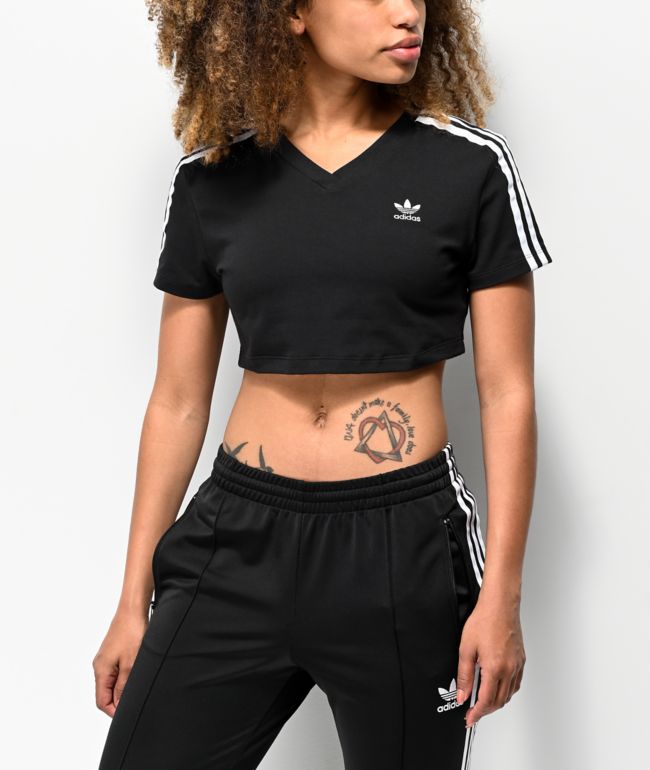 adidas 3-Stripe Black Crop T-Shirt | Zumiez