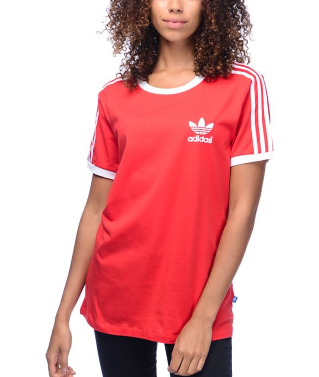 adidas 3 Stripe Red Womens T-Shirt | Zumiez