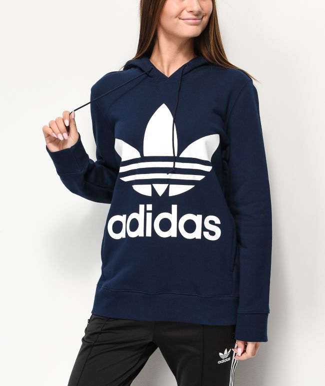 adidas trefoil hoodie navy blue
