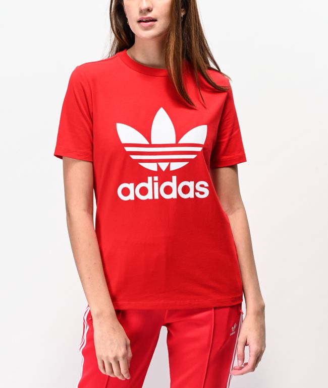 red adidas trefoil shirt