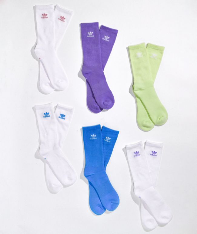 adidas Trefoil White, Sky Blue, Purple, & Green 6 Pack Crew Socks