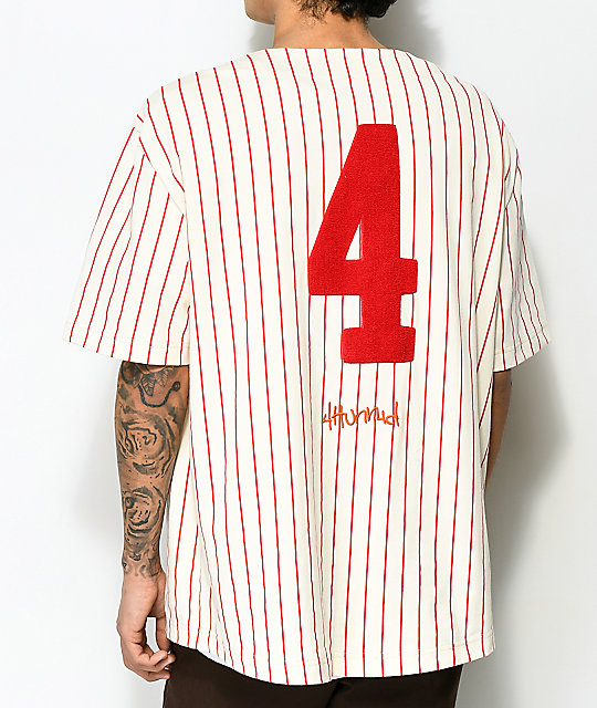 4 Hunnid Cream & Red Pinstripe Baseball Jersey | Zumiez