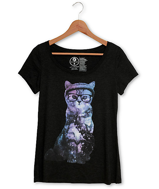 A-Lab Cosmic Cat Charcoal Scoop Neck T-Shirt | Zumiez