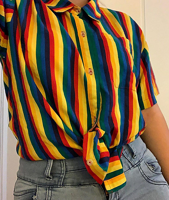 ALab Kilo Rainbow Stripe Tie Front Short Sleeve Button U