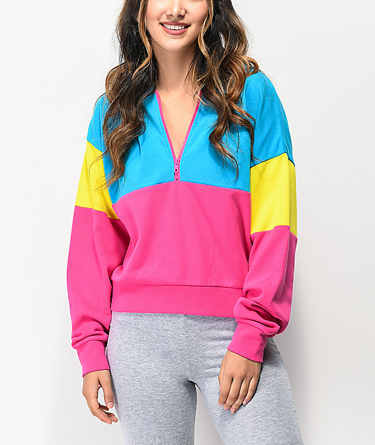blue pink and yellow hoodie