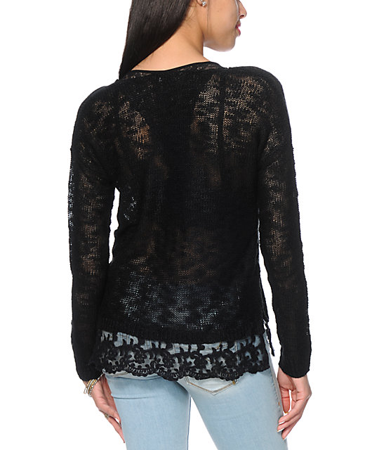 Almost Famous Black Lace Trim Sweater | Zumiez
