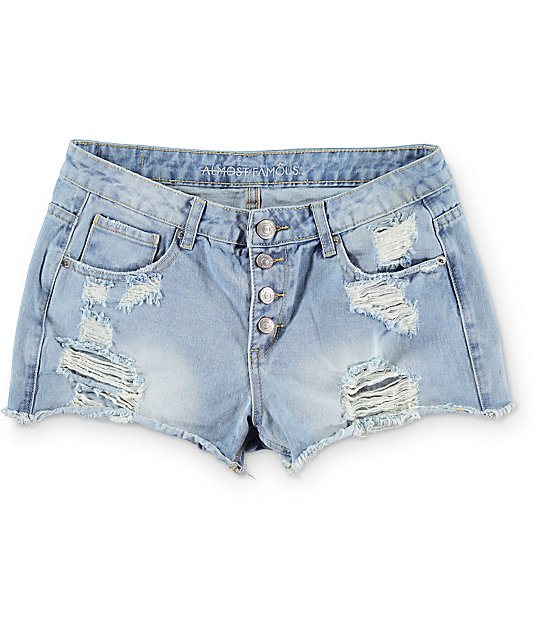 Almost Famous Light Wash Exposed Button Destroyed Shorts | Zumiez