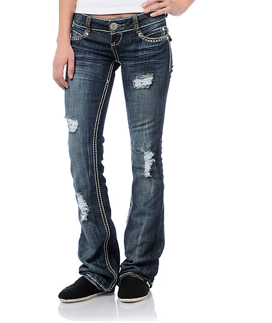 Almost Famous Porsha Dark Blue Distressed Bootcut Jeans | Zumiez